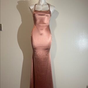 Satin Halter-Neck Evening Gown in Rose Gold